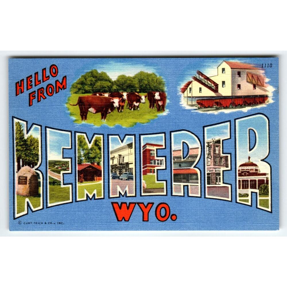Greetings Hello From Kemmerer Wyoming Postcard Large Big Letter Curt Teich Cows